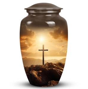 Urna de símbolo cristiano, urna conmemorativa pastoral brillante para el hogar para cenizas humanas, montaña, puesta de sol, atardecer pacífico, urna de Cruz bíblica divina - Product Image 3