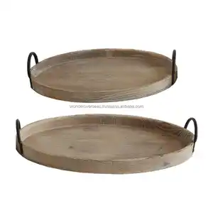 Latest Pine Wood Oval Shape With Iron Handle Serving Tray Wooden Serving Trays By WONDER OVERSEAS