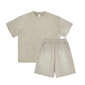 Ensembles courts personnalisés pour hommes, ensemble court deux pièces délavé à l'acide, style streetwear décontracté, t-shirts à col rond vierges personnalisés, ensembles de shorts pour hommes - Product Image 5