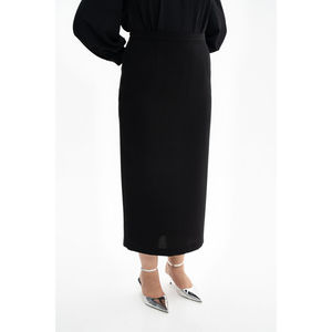 Black Woven <b>Wrap</b> Skirt with Ruffles and Floral Embroidery for Work - Product Image 4