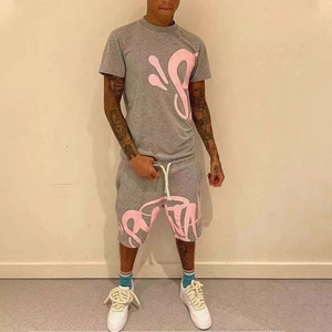 Ensemble t-shirt personnalisé appliques patchs de broderie High Street Tee T Shirt tendance à manches courtes survêtement en coton ensembles courts pour hommes - Product Image 4