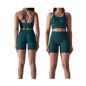 Alta calidad personalizado verano Mujer de talla grande Yoga Biker Shorts Tops Set secado rápido Cruz espalda transpirable bordado-venta al por mayor - Product Image 5