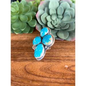 Sandra Nez Kingman <b>Adjustable</b> <b>Ring</b> Fashionable Turquoise & Sterling Silver Gold Plating Bezel Setting Inlay Stainless Steel Gift - Product Image 4