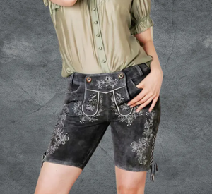 กางเกงขาสั้นหนังแท้สำหรับผู้หญิงลายปักสีทึบ - Product Image 6