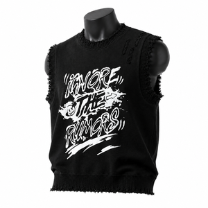 Camiseta sin mangas de punto negra para hombre con estampado gráfico blanco, cuello redondo y ribete de encaje estilo urbano - Product Image 4