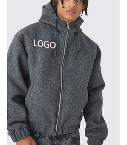 Minimalist Relaxed Ribbed Cuff Charcoal <b>Grey</b> hoodie Custom 3D Embossed logo Design High Necked Zipper Hooded Active Top - Product Image 4