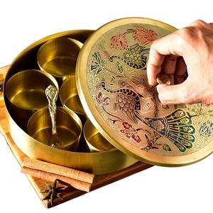 Brass <b>Masala</b> <b>Box</b> 7 Removable Containers with 1 Spoon Transparent Lid Handetched Design Spice Organizer <b>Box</b> for Kitchen - Product Image 3