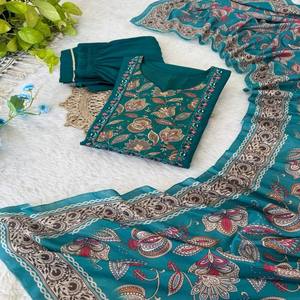 Premium Roman Silk Kurti <b>Set</b> with Handwork Embroidery, Glass <b>Mirror</b> Detailing & Digital Print Chinon Dupatta - Product Image 2