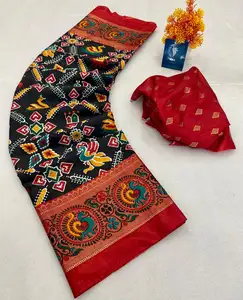 Sari di seta Dola di buona qualità con stampa in lamina bordo stampato in lamina a contrasto su entrambi i lati di sari foil mil stampato