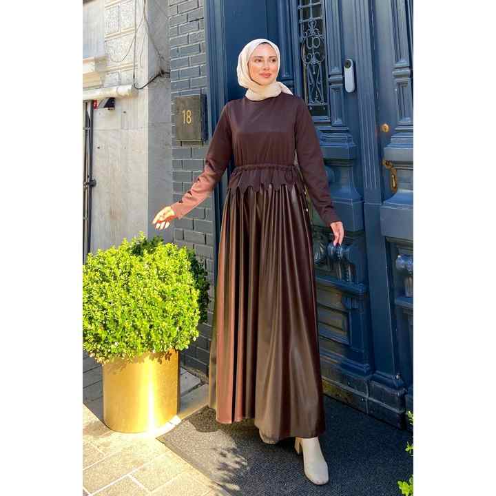 Knitwear Detailed Leather Dress Brown