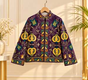 <b>Women</b>’s Purple <b>Velvet</b> Embroidered Ethnic <b>Jacket</b>, Floral Boho Winter Outerwear Zipper Closure Winter Short Outerwear - Product Image 1