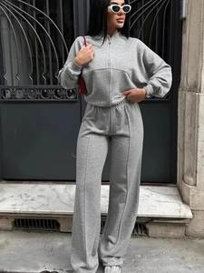 100% ชุดเสื้อผ้า2ชิ้นแบบมีซิปเนื้อผ้าฝ้ายออร์แกนิคสำหรับผู้หญิงชุดวอร์มทรงแบ็กกี้แขนยาวระบายอากาศได้ดี - Product Image 4