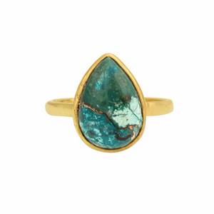 RJR00159 Anillo fino de Plata de Ley 925 10x14mm Pera Eternidad Vermeil Ajuste simple Cobre natural Crisocola Excelente bisel - Product Image 2