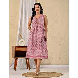 Vestido Rosa de Algodón Mulmul con Estampado Butta Block, Cintura Imperio, Transpirable, Elegante, Casual, para Fiestas, Talla XS, Ideal para Club, Días Festivos - Product Image 4