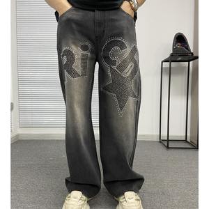 2025 personnalisé hommes mode Baggy jean coupe ample noir Denim pantalon Hip Hop strass jean pantalon - Product Image 1