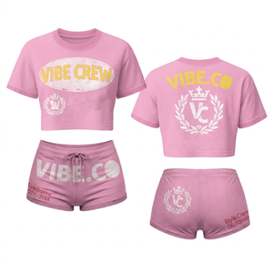Women Premium Cotton Polyester Crop T Shirt Booty Shorts <b>Set</b> Screen Print Custom Logo Sleepwear <b>Set</b> 100% Cotton Women Booty <b>Set</b> - Product Image 6