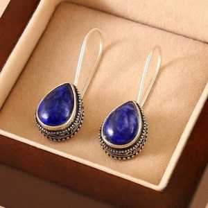 925 Sterling Silver Natural Lapis Lazuli 10x14mm Pear Cut Bezel Setting <b>Dangle</b> <b>Earring</b> For Women Fine Wholesale Gemstone Jewelry - Product Image 1