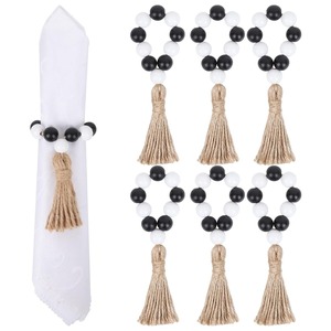 Nouveau rond de serviette en bois naturel avec gland noir ferme rustique boho décor de table porte-serviette perlé à la main pour manger - Product Image 5