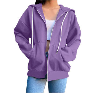 Sudaderas con capucha sólidas de lana para mujer a la moda, bolsillos con cordón de manga larga, sudaderas holgadas con cremallera en blanco para mujer - Product Image 4