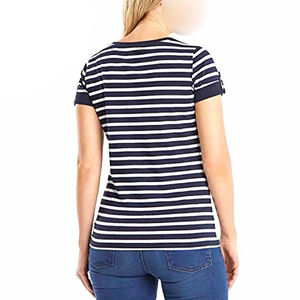 Precio al por mayor Contraste de color azul y blanco Servicio OEM Hecho a mano Ropa para adultos Camisetas de algodón estampadas de ajuste regular para mujeres - Product Image 3