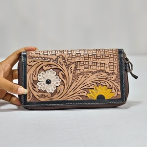 Cartera Corta de Cuero Genuino con Cierre de Cremallera, Diseño Floral, Gran Capacidad, Portátil, Multifuncional, Unisex, Estilo Minimalista, para Uso Diario - Product Image 4