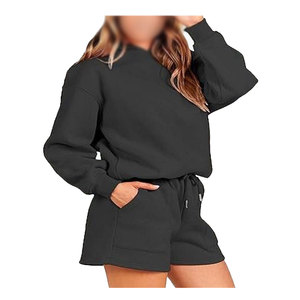 ชุดเซ็ตเสื้อฮู้ดแขนยาวและกางเกงขาสั้นลำลองคุณภาพสูงสำหรับผู้หญิง  รับสกรีนโลโก้  ลายเรียบ  ความยาวเหนือเข่า สำหรับฤดูใบไม้ผลิ - Product Image 3