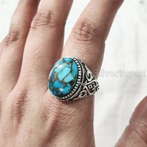 Anillo enorme para hombre, piedra preciosa turquesa de cobre azul Natural, piedra natal de diciembre, joyería de estilo otomano árabe, anillo de Plata de Ley 925 - Product Image 1