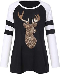 2024 New style Ladies Festival Christmas <b>Sequin</b> Applique Reindeer Print Long Sleeve Tee <b>Tops</b> Xmas Crew Neck Pullover T-Shirt - Product Image 5