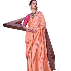 Saree en soie de satin pur de créateur dernier cri avec chemisier de contraste de tissage Zari pour des occasions spéciales - Product Image 1