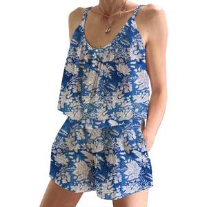 Conjunto de Pijama de Shorts Negros 100% Algodón, Suave, Estampado Floral Indio, Primavera/Verano, Ajustado, con Tirantes, Sin Mangas - Product Image 1