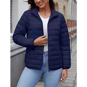 Veste matelassée légère pour femme, fermeture éclair intégrale, col montant, quatre poches, veste en polaire rembourrée, vêtements d'extérieur, bleu marine - Product Image 2