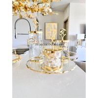 Accessoires et fournitures de cuisine, base en métal plaqué or avec motif floral et couvercle en marbre blanc pour récipients alimentaires en verre transparent