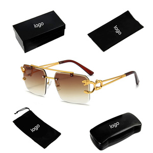 Wholesale Vintage Leopard Head Double Bridge <b>Sunglasses</b> for Women Men Custom Logo Stylish Rimless Fashion Sun Green Blue Metal - Product Image 1