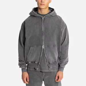 Sweats à capuche brodés surdimensionnés délavés à l'acide Blank Distressed Applique Boxy Fit Full Zip Up Hoodie - Product Image 1