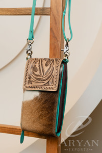 Nuevo bolso de barra cruzada móvil turquesa de cuero con pelo occidental hecho a mano, bolso de teléfono occidental de cuero genuino personalizado para mujer - Product Image 2