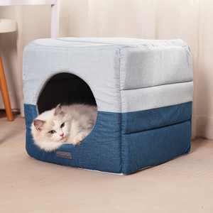 Lit pour chat convertible 2 en 1, carré, grotte, nid douillet, coussin pliable, tissu doux en peluche, antidérapant, lavable en machine, écologique - Product Image 1