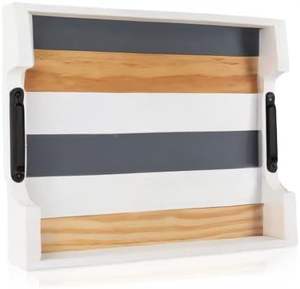 Plateau de service traditionnel en bois avec poignée en métal, plateau rectangulaire léger pour table basse, plateau décoratif, technique de gravure, mariage - Product Image 1