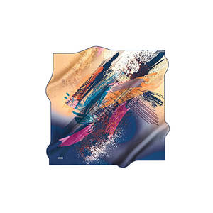 Navy Blue Beige Silk Crepe Satin Square Abstract Pattern Scarf - Product Image 1