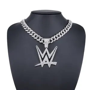 Collar con Colgante de Letra Hip Hop para Hombre, Chapado en Plata, Micro Pavé, Zirconia Redonda, Cadena con Eslabones en Forma de W, Joyería de Moda para Fiesta, Regalo, Venta al por Mayor - Product Image 5
