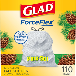 Sacs poubelle de cuisine en plastique biodégradable Glad ForceFlex, haute résistance, 13 gallons, Pine-Sol Original, 110 unités - Product Image 1