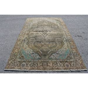 Tapis Turc Vintage Beige Bleu Patchwork Plat Tissage Écologique Pile Moyenne 5.8X9.4 ft Salle À Manger Décor Laine Matériel Latex - Product Image 1