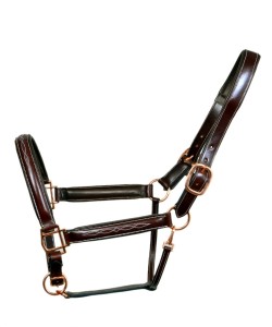 Harnais de selle anglais en cuir marron foncé de qualité supérieure avec surmêchoir rembourré à surpiqûres décoratives et ferrures couleur or rose – Élégant - Product Image 1