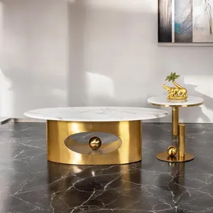 Sang Trọng Hai Bàn Cà Phê Đặt Khung Vàng Hình Bầu Dục Hình Dạng Bằng Đá Cẩm Thạch Hàng Đầu Thiết Kế Đẹp Phòng Khách Bàn Cà Phê Thiết Lập - Product Image 2