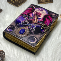 Carnet en cuir imprimé Dragon de Pierre, fait main, Grimoire, Livre de sorts avec Gemmes, Pentagramme, Soleil et Lune, Couverture rigide, Feng Shui