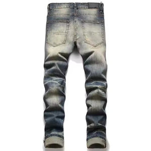 Jeans pour homme délavés, taille mi-haute, anti-froissement, en denim 100% coton, style décontracté, taille plus, avec jambe rugueuse et bas déchiré - Product Image 3