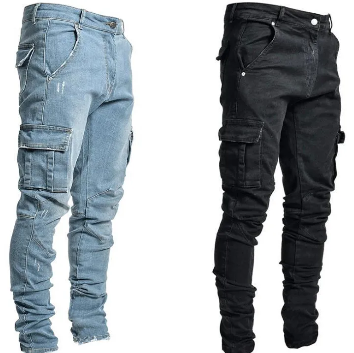 Calça jeans masculina de corte regular, calça de denim slim preta para homens original