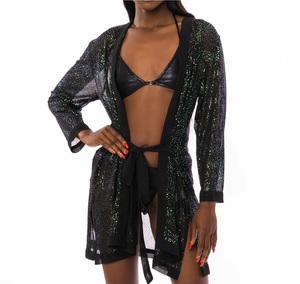 Front open black shimmer short Quarter sleeve beach party cover up with waist tie belt - Product Image 1