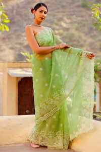 Saree en organza de soie de travail de broderie indienne de luxe avec pièce de chemisier pour les femmes pour la fête porter un mariage dans le Style Bollywood - Product Image 2