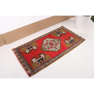 Turkish Vintage Rug 1.7x3.37 ft (52x103 cm), <b>Red</b> <b>Wool</b> Rug - Product Image 4