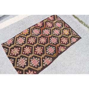 Vintage 2.6x4.2 ft Rug, Kilim Turkish Rug, <b>Brown</b> Ikat Rug <b>Wool</b> - Product Image 2